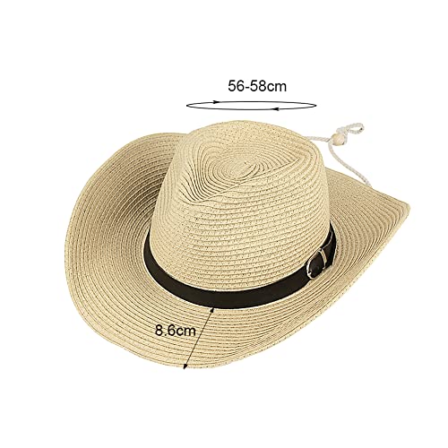 Wide Brim Straw Cowboy Hat for Men Women Western Cowgirl Sun Hat Packable UPF 50+ Beach Cap Shapeable Fedora Panama Cap - color: Beige