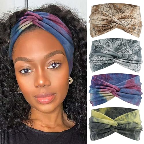 Boho Bandana Headband For Women Wide Headbands Knotted Turban Head Wraps Cute Head Scarf Hairband Floral Fashion Hair Wrap Tie Dye Turban Bands Workout Bandana Hair Accessories For Women 4 Pack - color: Style 121