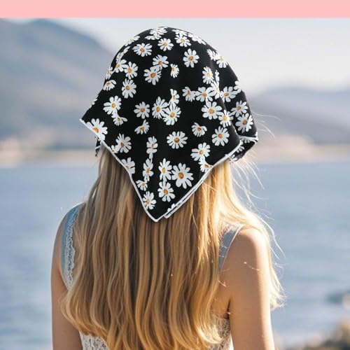 Bandanas for Women Men 21"x21" Floral Headband Scarf Versatile Hair Bandana Square Head Scarf - color: Little White Flowers in Black