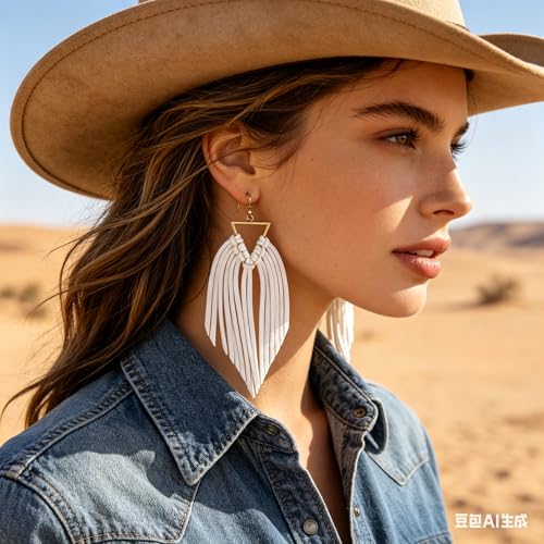Fringe Leather Earrrings Triangle Deerskin Leather Boho Western Statement Dangel Earrings for Women - color: white