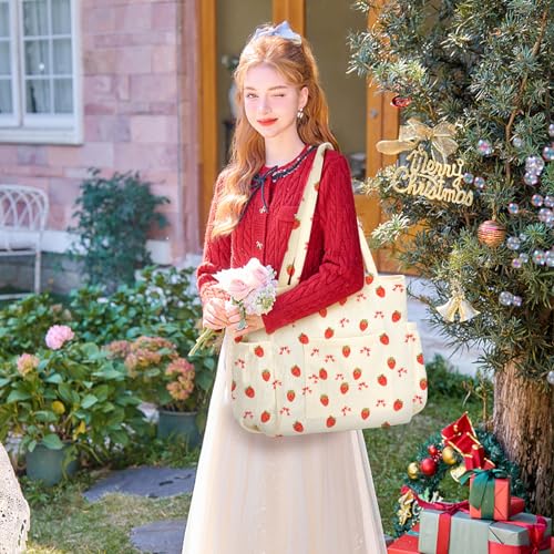 Corduroy Tote Bag for Women,Large Capacity Cute Tote Bags With 6 Pockets,Crossbody Shoulder Handbag for Work Travel Gym - color: Strawberry-a