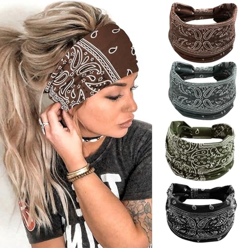 Huachi 4 Packs Thick Boho Stylish Floral Turban Wide Headbands for Women - Non Slip Hairbands for Hair, Sport, Workout, Yoga, Hair Accessories (Pack of 4) - color: Printed 1