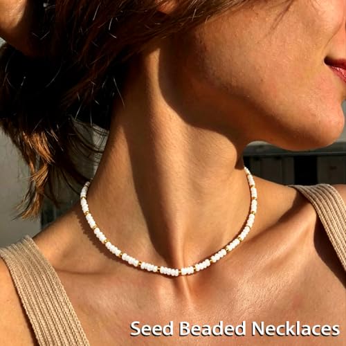 Tgirls Boho Choker Necklace Chain Rice Beaded Necklaces Seed Bead Necklace Accessory for Women - color: White Gold