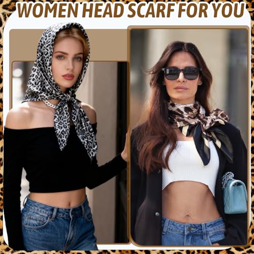 JATEBI 27''/35'' Women Large Satin Scarf Silk Feel Square Wraps Big Hair Bandanas Vintage Print Solid Color Bandana Scarves - color: Pink, Red, Yellow, Brown, Gray, Black Leopard, size: 35'' Large