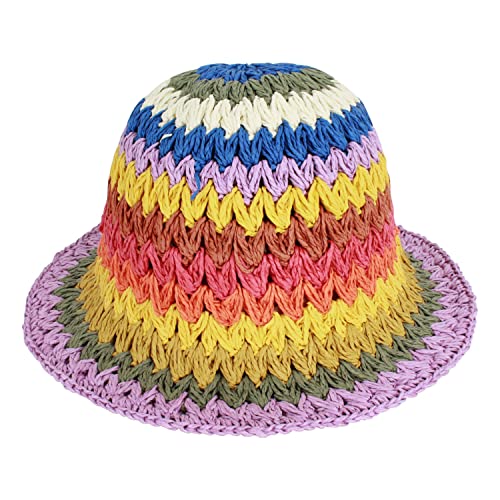 Women Straw Sun Hat Floral Woven Crochet Bucket Hat Y2k Aesthetic Accessories Beach Hat Hand Woven Boho Foldable Cap - color: Striped B