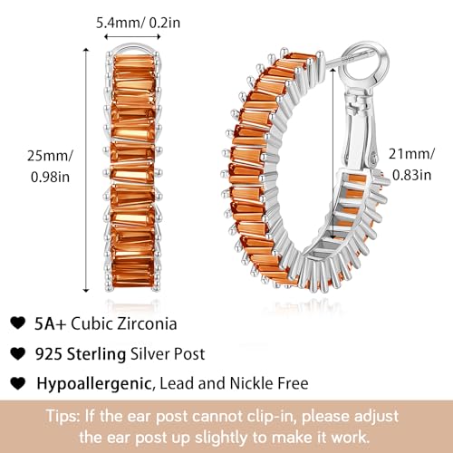 Trendy 14K Gold Plated Hoop Earrings for Women, Chunky Gold/Silver Earrings for Women Cubic Zirconia Baguette Hoop Earrings Heart Hoops Lightweight Hypoallergenic Jewelry,25mm/35mm/40mm/50mm - color: 01 Silver Burnt Orange Hoops 25mm