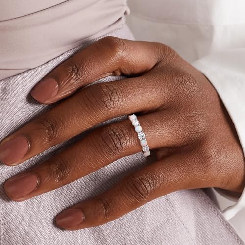 3.5mm Stackable Rings S925 Sterling Silver Created Birthstone & Cubic Zirconia Ring for Women Wedding Bands Anniversary Birthday Jewelry Size 6 to 10(with Box) - color: 10-Created Opal & CZ-Oct