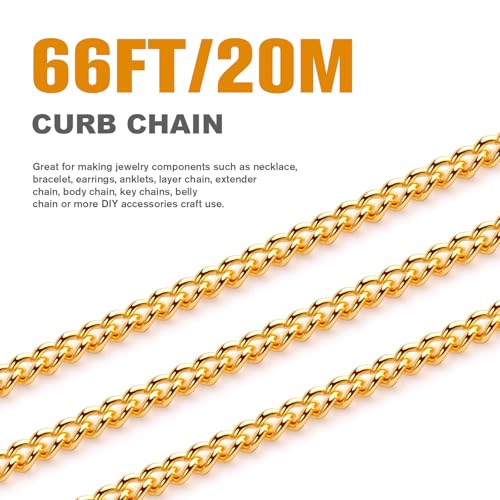 66 Feet 18K Gold Plated Curb Chains Roll, 1.5 mm 304 Stainless Steel Gold Flat Twisted Links Chains Bulk Spool for Jewelry Making DIY Craft - color: Gold Color, size: 1.5mm width