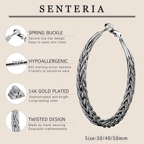 Senteria Silver Hoop Earrings for Women Hypoallergenic 925 Sterling Silver Post Hoop Earrings Lightweight Large Hoops Earring Thick Twisted Silver Hoops 30/40/50MM - color: 40mm black hoops