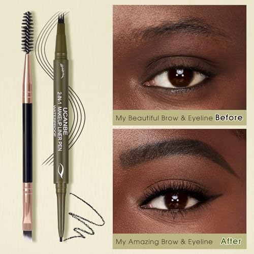 UCANBE Eyebrow Pencils for Women with Spoolie Brush, Dual-Ended Eyebrow Pen with 4-Fork-Tip & Gel Eyeliner, Microblading Brow Pen with Eyeliner Pencil + Brow Brush for Hair Like Brows, Soft Black - color: Soft Black with Brow Brush