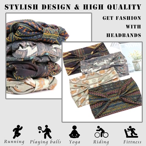 FULZTEY Boho Wide Headbands for Women Vintage Floral Head Bands Large African Bandana Hairbands Non Slip Yoga Workout Sweat Headwraps Cotton Thick Turban Fashion Hair Accessories 4Pcs - color: Style 115