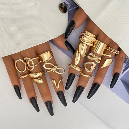 IFKM Gold Chunky Rings Set for Women 14k Gold Plated Thick Dome Stackable Open Rings Trendy Dainty Minimalist Jewelry Gifts - color: Gold, style: Geometric metal wind