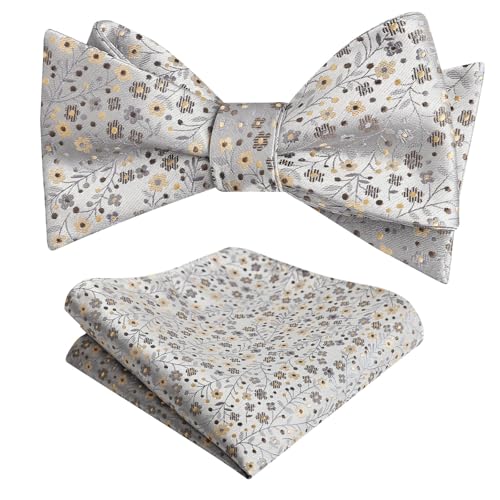 Alizeal Mens 2pcs Classic Floral Pattern Self-tied Bow Tie and Handkerchief Set - color: 045-gray+khaki+brown