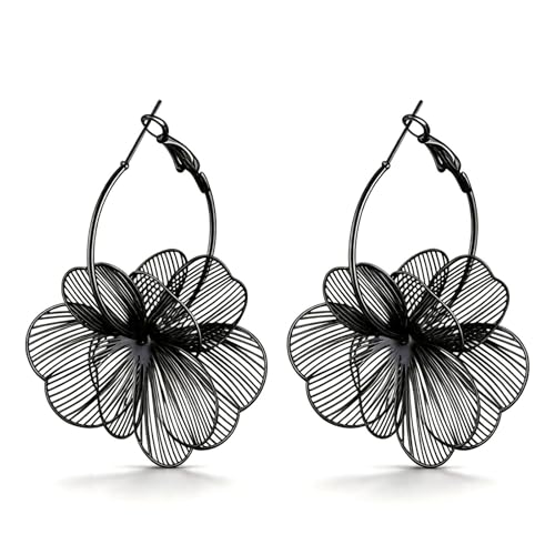 Gold Flower Statement Earrings for Women Boho Trendy Hoop Earrings Floral Dangle Petal Earring Prom Wedding Jewelry Gifts - color: A3:black