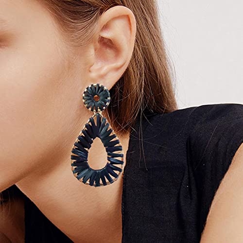 Raffia Teardrop Dangle Earrings Handmad Statement Drop Earrings - color: Black