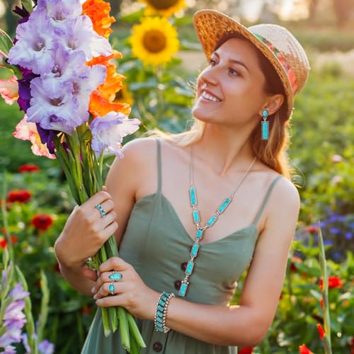 Ecally Bohemian Western Jewelry Turquoise Set Women Country Pendant Long Choker Layered Bracelets Earrings Ring for Women - color: Turquoise, style: Simple