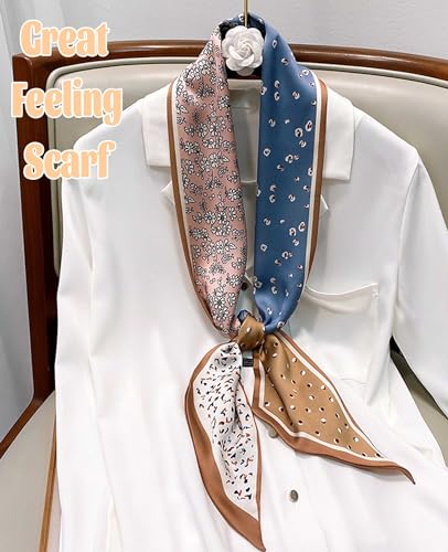 kcctoo 59" Mulberry Silk Like Head Scarf Women's Fashion Square Neck Satin Scarfs for Bag Hair Scarves Gift 59 * 5.9” - color: A012-blue Powder Coffee Bean Flower/59"x5.9"