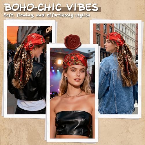 Large Square Head Scarf Bandana - 35" Satin Hair Scarf for Women Like Silk Scarf Fashion Hair Wrapping - color: Leopard Chain(red), size: 35IN*35IN