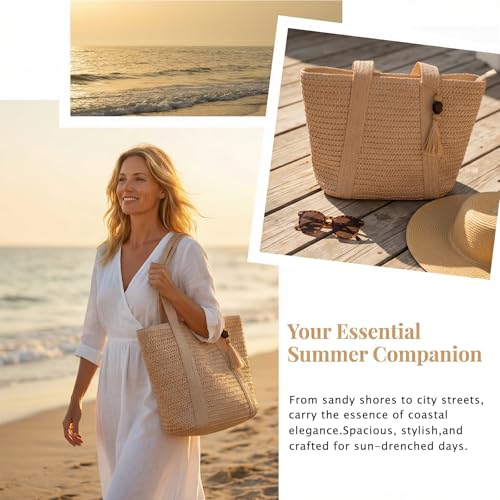 Large Straw Beach Tote Bags For Women Woven Boho Handmade Shoulder Handbags for Summer Vacation Travel with Tassels - color: Khaki