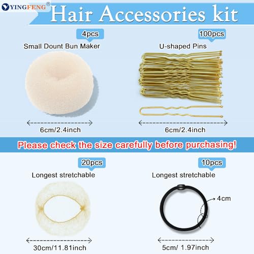 YINGFENG 134 Pcs Beige Hair Bun Maker Kit for Kids Small - 4 Hair Donuts for Buns, 20 Hair Nets for Buns, 100 U Shaped Bobby Pins, 10 Hair Bands, for Girls, Ballet Dance, Hair Accessories for Women - color: beige, size: Small
