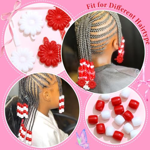 60PCS Red&White Loc Beads Hair Jewelry for Braids Cute Acrylic Dreadlocks Bead Flower Self Hinge Hair Barrettes Kids Girls Hair Clips Decoration Accessories - color: Red&White