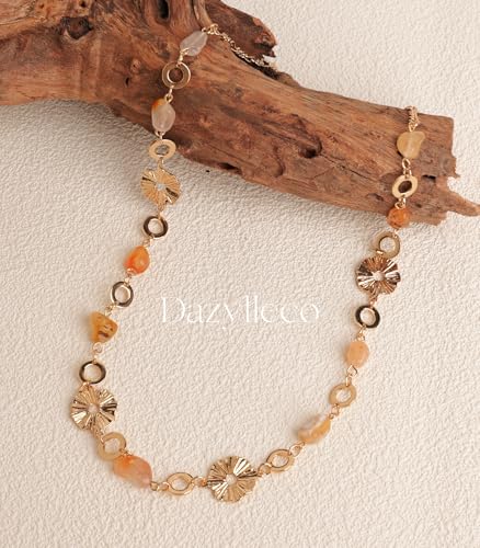 Long Gold Necklaces for Women Dainty Natural Stone Beaded Gold Necklace Mothers Day Gifts Boho Gold Costume Jewelry for Women - color: Amber
