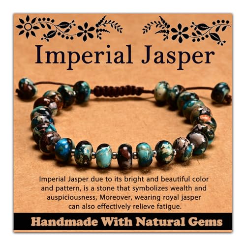 468Handmade Adjustable Natural Gemstone Crystal Bracelet Healing Power Energy Inspirational Gifts with Card for Unisex - color: 11-Imperial Jasper (Auspicious), size: 5x8mm