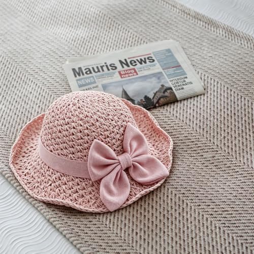 Womens Straw Hat Foldable Wide Brim Floppy Beach Sun Hats, Bucket Cap with Bowknot for Girls - color: Pink