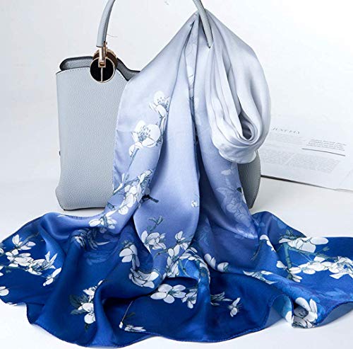 ANDANTINO 100% Silk Long Scarf-Women Large Oblong Shawls with Gift Packed - color: Blue&white Plum Flowers