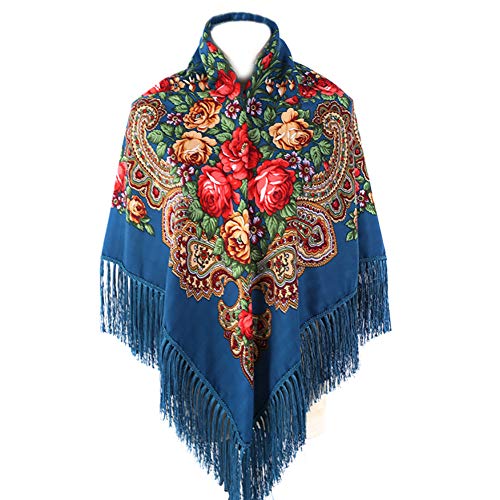 Gudessly Women's Traditional Scarf Wrap Tassel Fringes Neck Head Shawl Retro Scarf Floral Poncho Printing Square Cape 50inch - color: Lake Blue