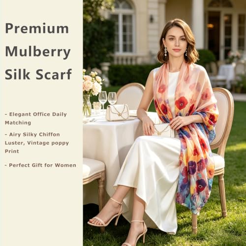 100% Mulberry Silk Women's Neck Silk Scarf-Lightweight Shawl,FLoral Print Beach Silk Wrap-Scarves for Photography - color: Red Poppy Floral