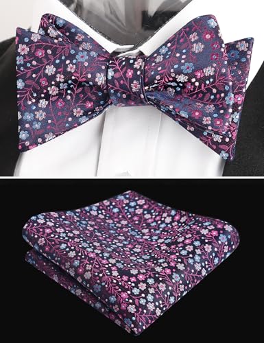 Alizeal Mens 2pcs Classic Floral Pattern Self-tied Bow Tie and Handkerchief Set - color: 045-magenta+blue