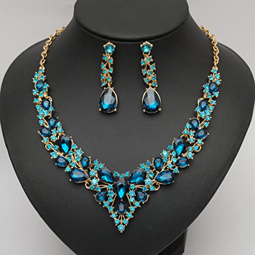 CSY 4 Pcs/Set Austrian Crystal Necklace Earrings Bracelet Ring Bridal Jewelry Sets for Brides Wedding Party Costume Accessories Gifts for Women - color: 02-gold plated-aquamarine