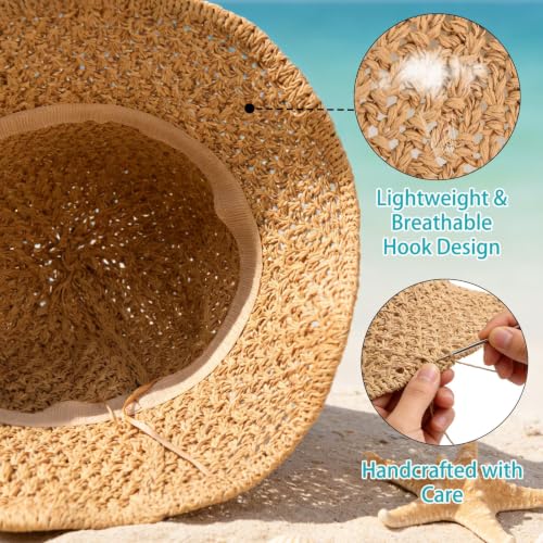 Sun Hat for Women Beach Hat Straw Bucket Hat Summer UV Protection, Packable Breathable Crochet Style - color: 1pack-khaki