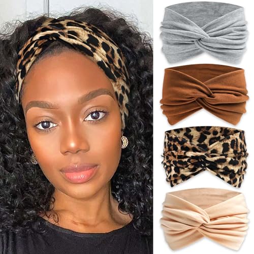 4 Pack Boho Bandana Headbands for Women Cute Wide Headband Leopard Knotted Turban Head Bands Hair Wraps Solid Color Head Scarf Bandana Hairband Scarf Headband For Women’s Hair Accessories - color: Style 138