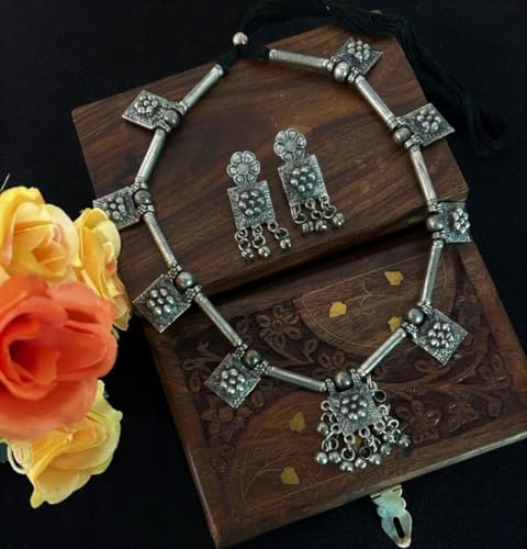 Indian Designer Statement Afghani Silver Oxidised Dual Tone Ethnic Traditional Tassel Choker Necklace Jewelry Women - color: Silver