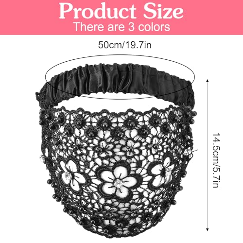 cobee 3 Pcs Elegant Lace Headbands for Women, Wide Boho Head Wrap with Rhinestone Beads Elastic Vintage Crochet Headbands Stretch Turban Hair Accessories for Women Various Holidays Yoga Wedding
