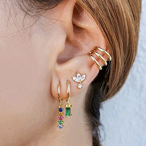BOUTIQUELOVIN 14K Gold Stud Earrings Set for Women, for Multiple Piercing Silver Plated Studs Earrings and Zirconia Earring Set Small Huggie Hoop Chain Earing - color: 6Pairs Gold Emerald