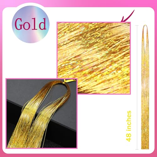 NIACONN Glitter Hair Tinsel Extensions Kit Gold with Tools and Beads, 48 Inch Sparkly Fairy Colorful Tensile Strands Shiny Hair Accessories for Women Girls Kids - color: Gold