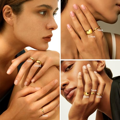 Florideco 14K Gold Filled Ring for Women Men Thick Thin Pinky Thumb Ring Wedding Band Ring Non Tarnish Plain Domed Comfort Fit Size 6 to 10 - color: 14K gold plated-3mm