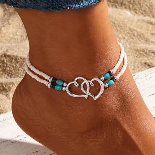 Qceasiy Shell Ankle Bracelet Set for Women, Gold Plated Boho Bead Adjustable Anklet, Hawaiian Beach Seashell Pearl Heart Starfish Conch Foot Jewelry Gifts - color: Double Heart