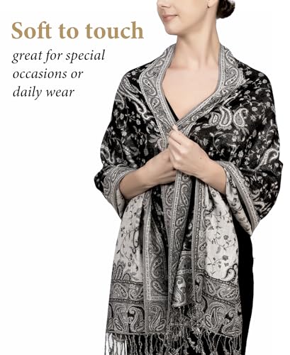 Achillea Reversible Paisley Pashmina Rave Scarf – Exotic Indian Shawls and Wraps for Evening Dresses, Festivals, All Seasons - color: Black White
