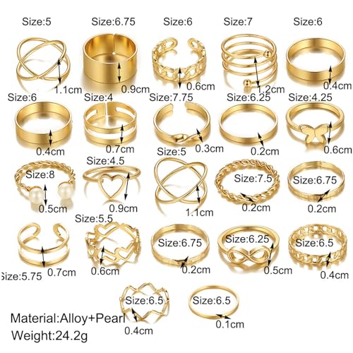 Vintage Silver/Gold/Black Kunckle Rings Set for Women Boho Stackable Rings Butterfly Pearl Heart Rings Open Adjustable Finger Rings Statement Rings Set Jewelry Gifts - color: Gold