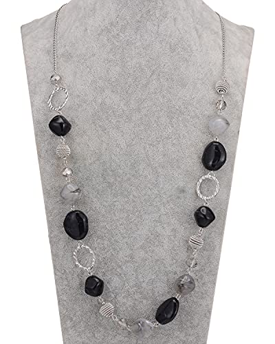 BULINLIN Beaded Long Necklace for Women Silver Sweater Chain Necklace with Crystal Resin Beads, Fashion Jewelry Necklace - color: 53-Black and grey