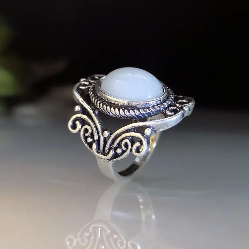 JerMrasra 925 Sterling Silver Vintage Natural Moonstone Rings Antique Boho Ladies Jewelry Elegant Gemstone Wedding Rings Geometric Cut-Out Filigree Women’s Ring Cocktail Party Rings 9 - size: 9