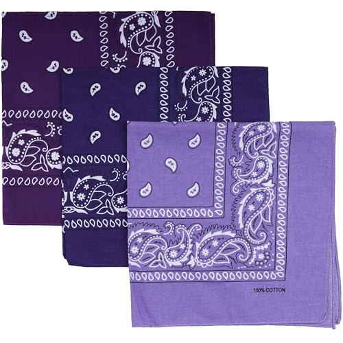 Raylarnia 100% Cotton Large Bandanas for Men and Women, 22 Inch Paisley Bandana with Multiple Colors - color: Dark Purple/Purple/Lavender