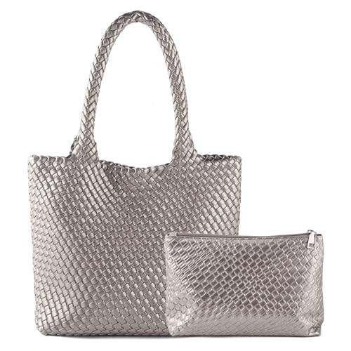 Hand Woven Bag Tote BagS For Women Top Handle Shoulder Vegan Leather Large Travel Beach Hobo Handbag - color: Silver Grey