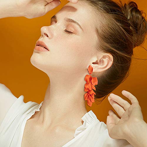 Long Acrylic Rose Petal Earrings Dangle Exaggerated Flower Earrings Drop Statement Floral Tassel Earrings for Women - color: Long Acrylic Rose Petal Earrings-Orange