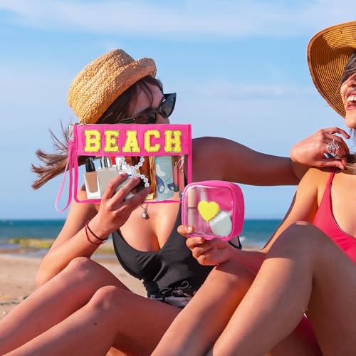 Hillban 2 Pcs Beach Makeup Bag Clear Cosmetic Toiletry Pouch Chenille Letter Patch Bags Preppy Summer Waterproof PVC Travel Purse Snack Portable Storage for Women - style: Beach Theme