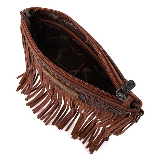 Wrangler Crossbody Small Purse for Women Wristlet Fringe Bag Western Purse - color: Angel Brown
